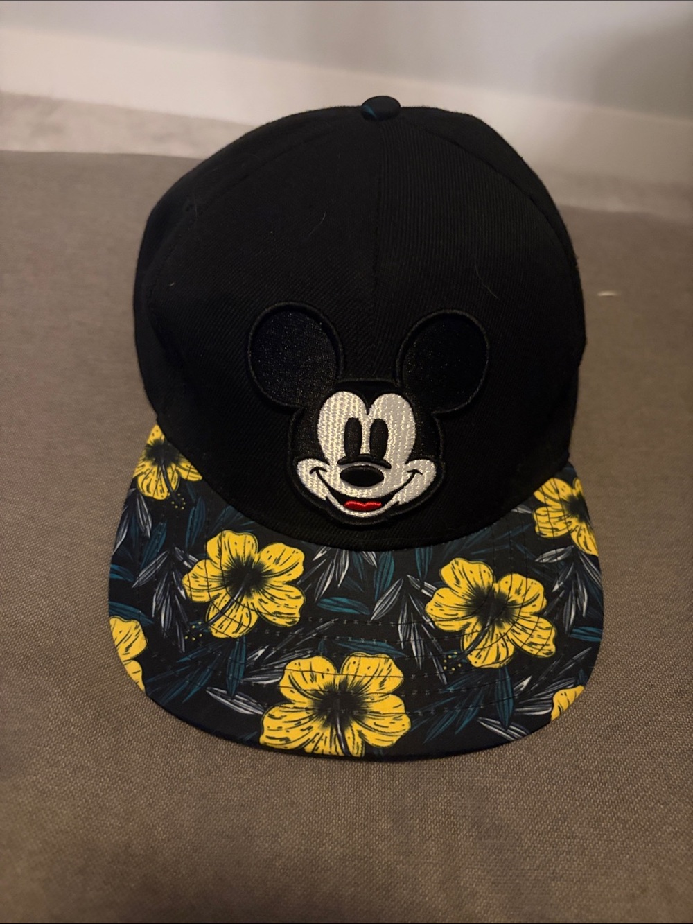 Black Snapback Hat with Mickey Patch & Yellow Floral Flat Bill Brim